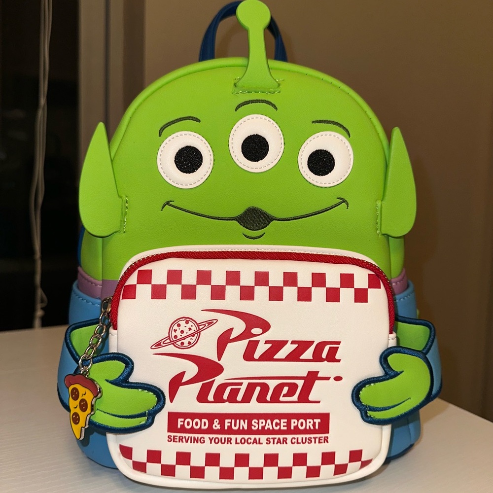 Green Alien Backpack with Pizza Planet Design